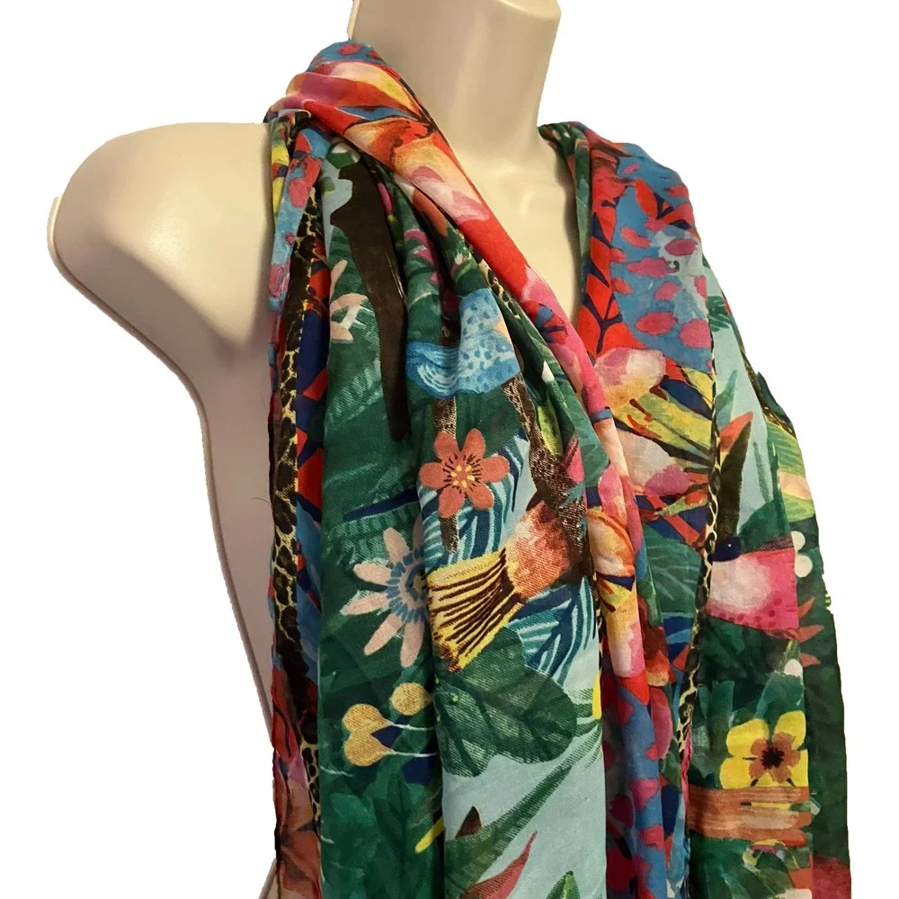 Antica Sartoria Giacomo Cinque Tropical Jungle Bird Scarf Shawl Wrap Green Red